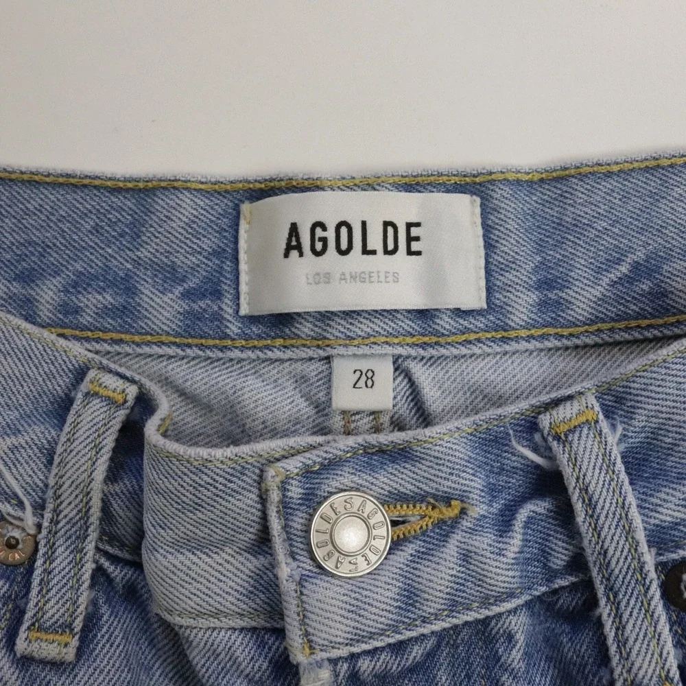 AGOLDE Parker Long Shorts Swapmeet 28 High Rise Distressed Denim Light Wash Blue